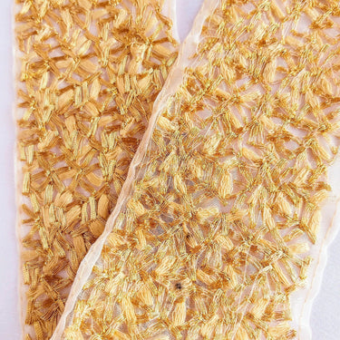 Beige Sheer Tissue Fabric Trim With Cotton Thread Embroidery In Light Green And Antique Gold, Fabric Lace, Embroidered Trim